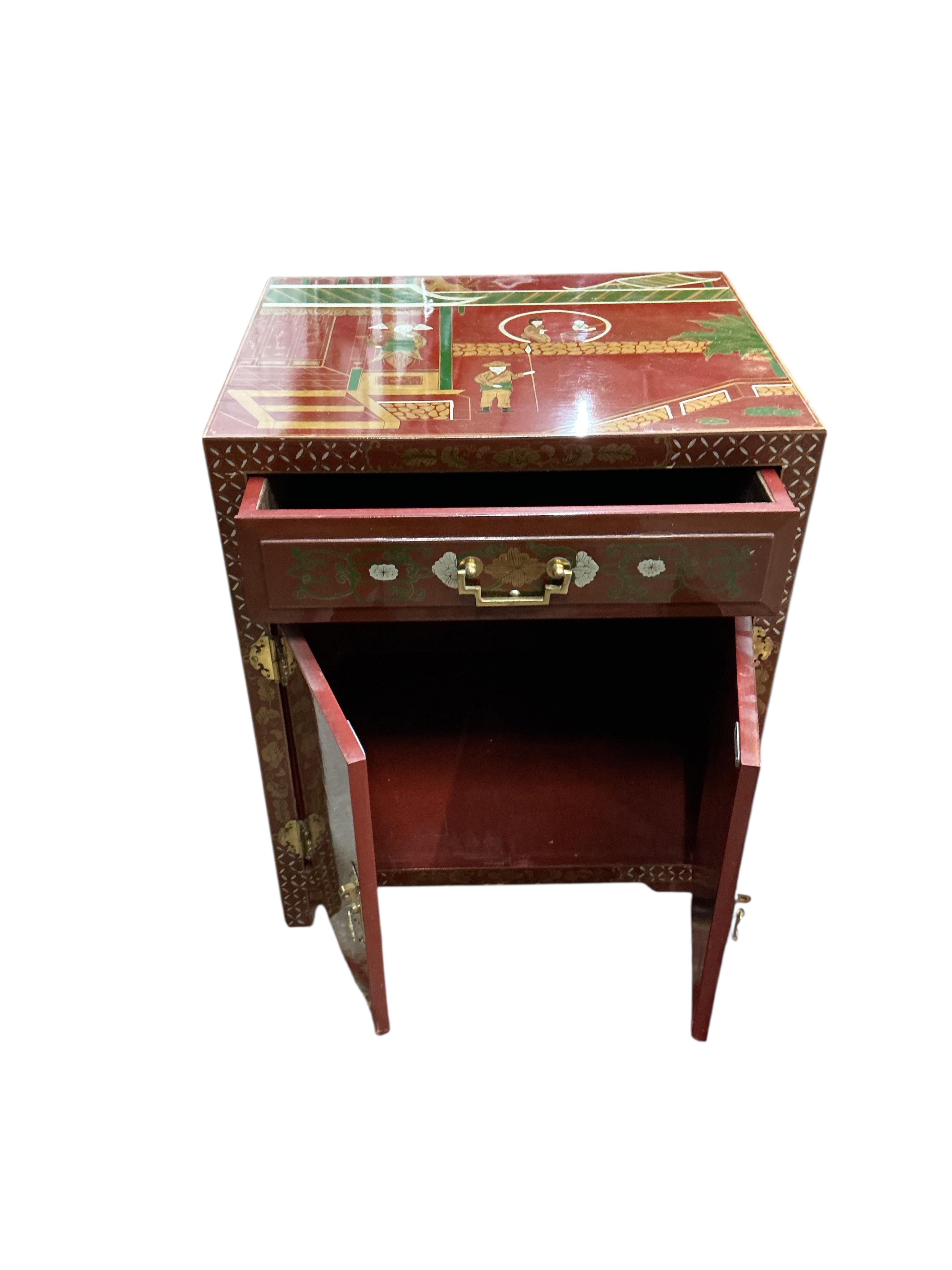 A pair of Chinese scarlet lacquer bedside chests, width 50cm, depth 40cm, height 61cm